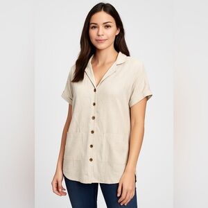 Stitch‎ + Feather Women’s Button Front Linen Blend Tunic Shirt Beige Size S